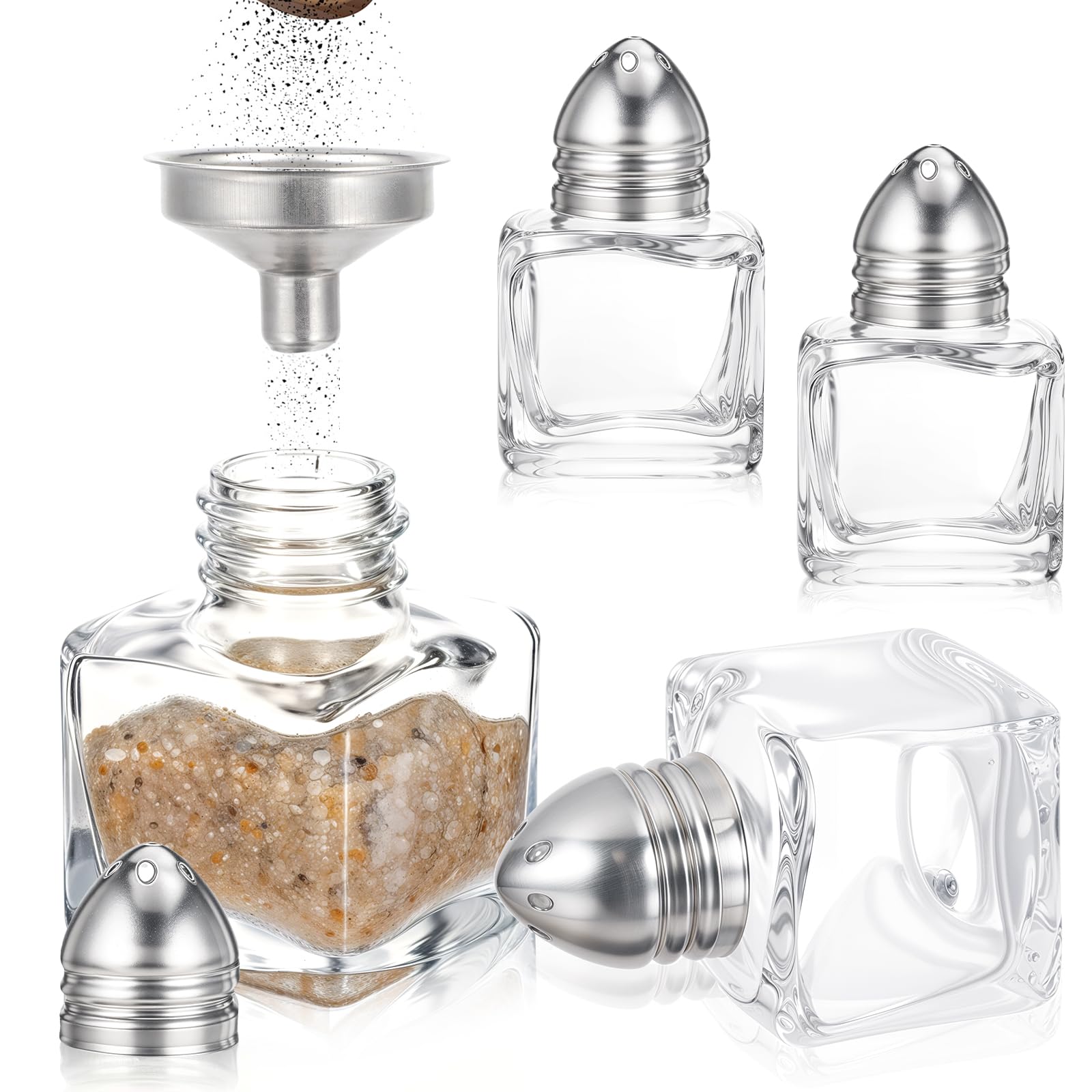 Thinp 4 Pcs Mini Salt and Pepper Shakers 0.5 Oz Mini Salt Shaker Gold Salt and Pepper Shakers Bulk with Funnel Small Cube Glass Spice Shaker Container for Kitchen Restaurant Travel Camp Party