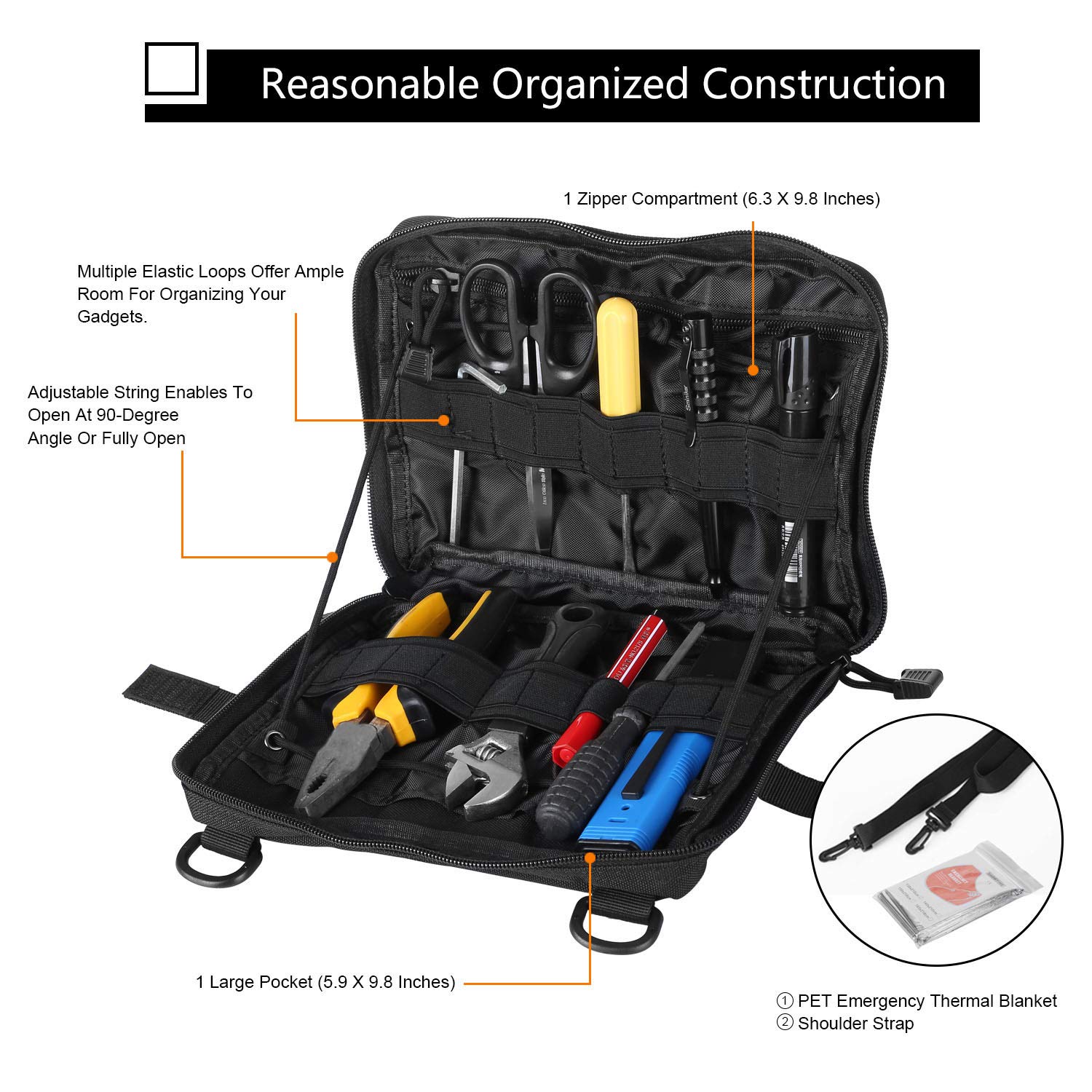 DELSWIN Tactical Molle Pouch - Medical ETM Utility Bag EDC Organizer Admin Pouch Tool Bag with Adjustable Strap & Emergency Blanket (Black)