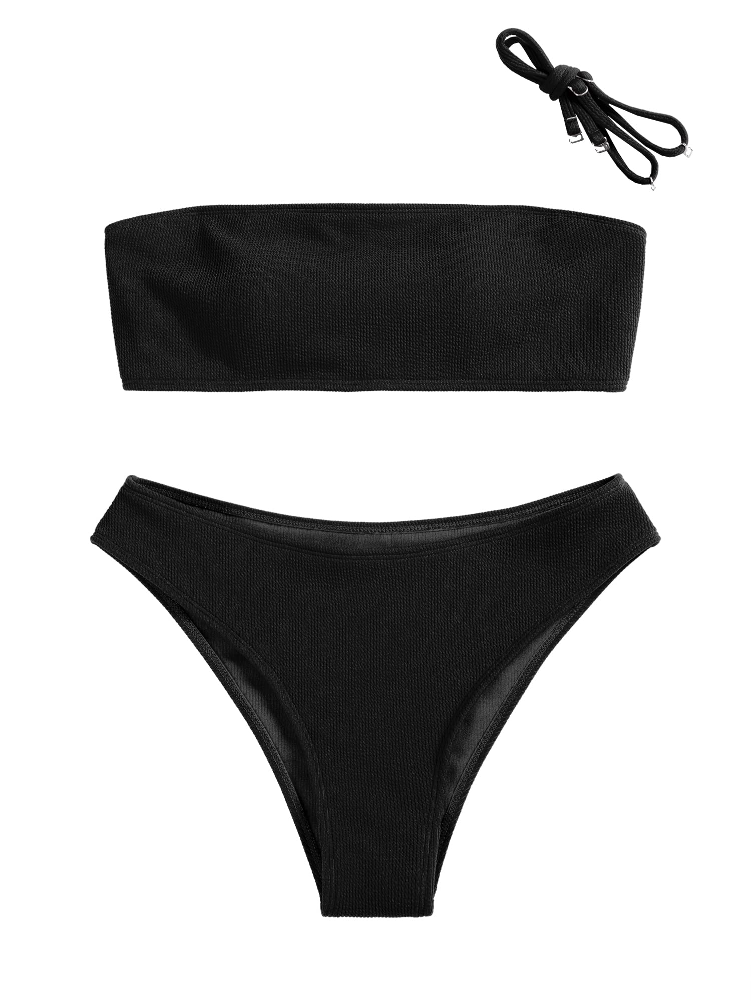 Photo 1 of ZAFUL Women Strapless Ribbed High Cut Bandeau Bikini Lace Up 2 Pieces Swimwear (0-Pure Black,S)