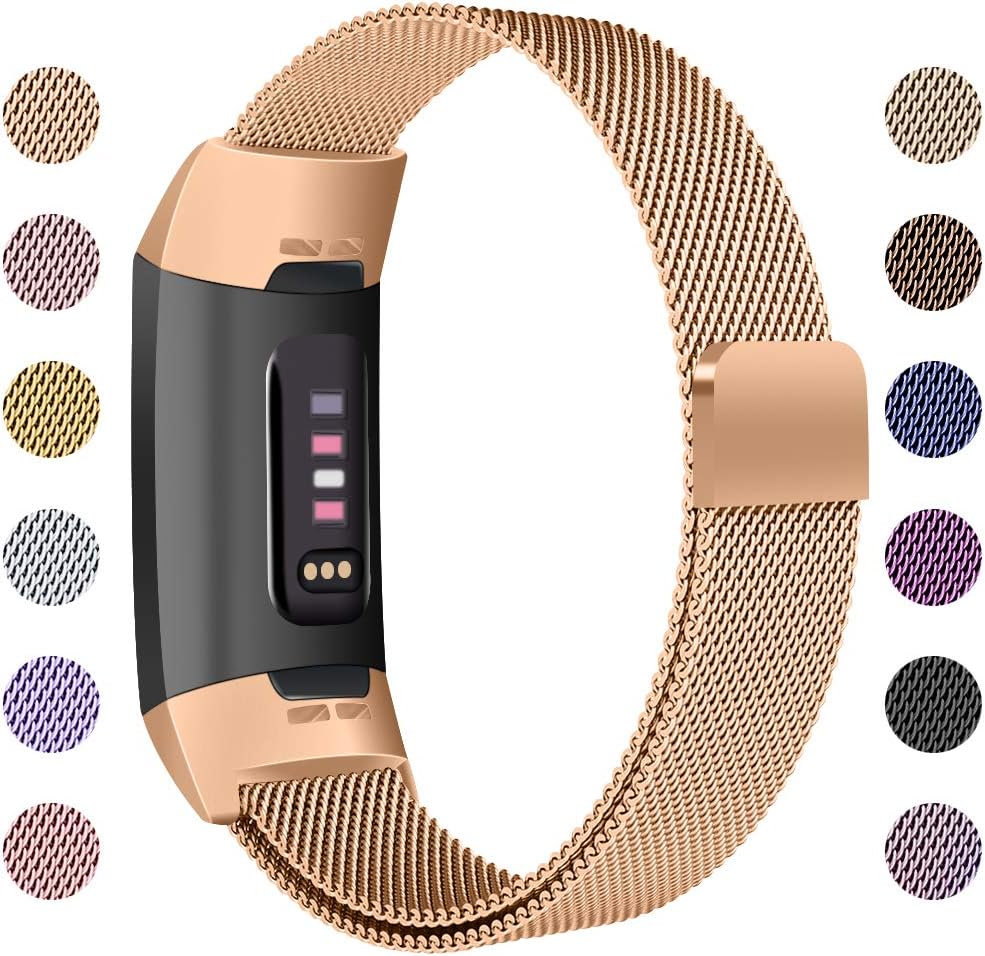 Ameton Compatible with Fitbit Charge 3 Strap, Adjustable Mesh Loop Stainless Steel Metal Strap Wristband Bracelet Band with Unique Magnet Lock for Charge 3,Women Men (Rose Gold, Small 5.5"-8.5")