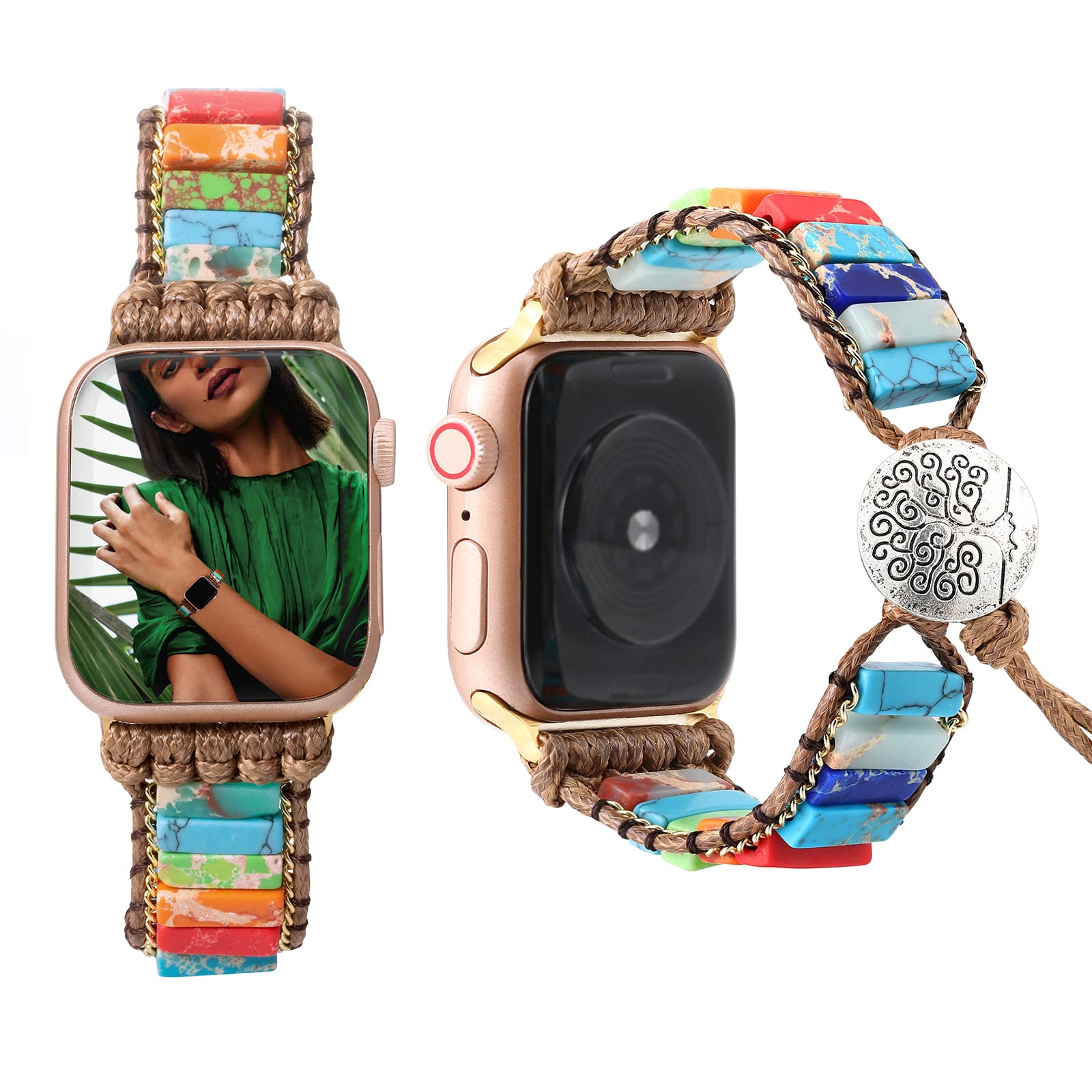 CHARMINGO Boho Bracelet Compatible with Apple Watch Band Beaded 38mm40mm41mm 42mm44mm45mm Women, Handmade Imperial Jasper Stone Replacement Apple Watch Strap Wristband for iwatch Band Series 7 6