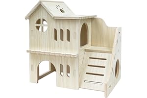 Sirvarni Hamster Hideout Cage Accessories - Hamster House and Habitat Wooden Hide Hut with Climbing Ladder and Platform for D