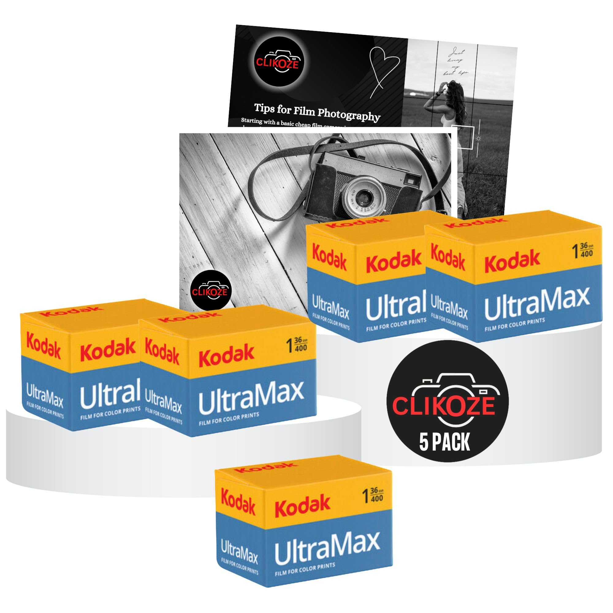 35mm Film Bundle with Kodak Ultramax 400 35mm 36 EXP Camera Film x5 and Clikoze Camera Film Photography Tips Card