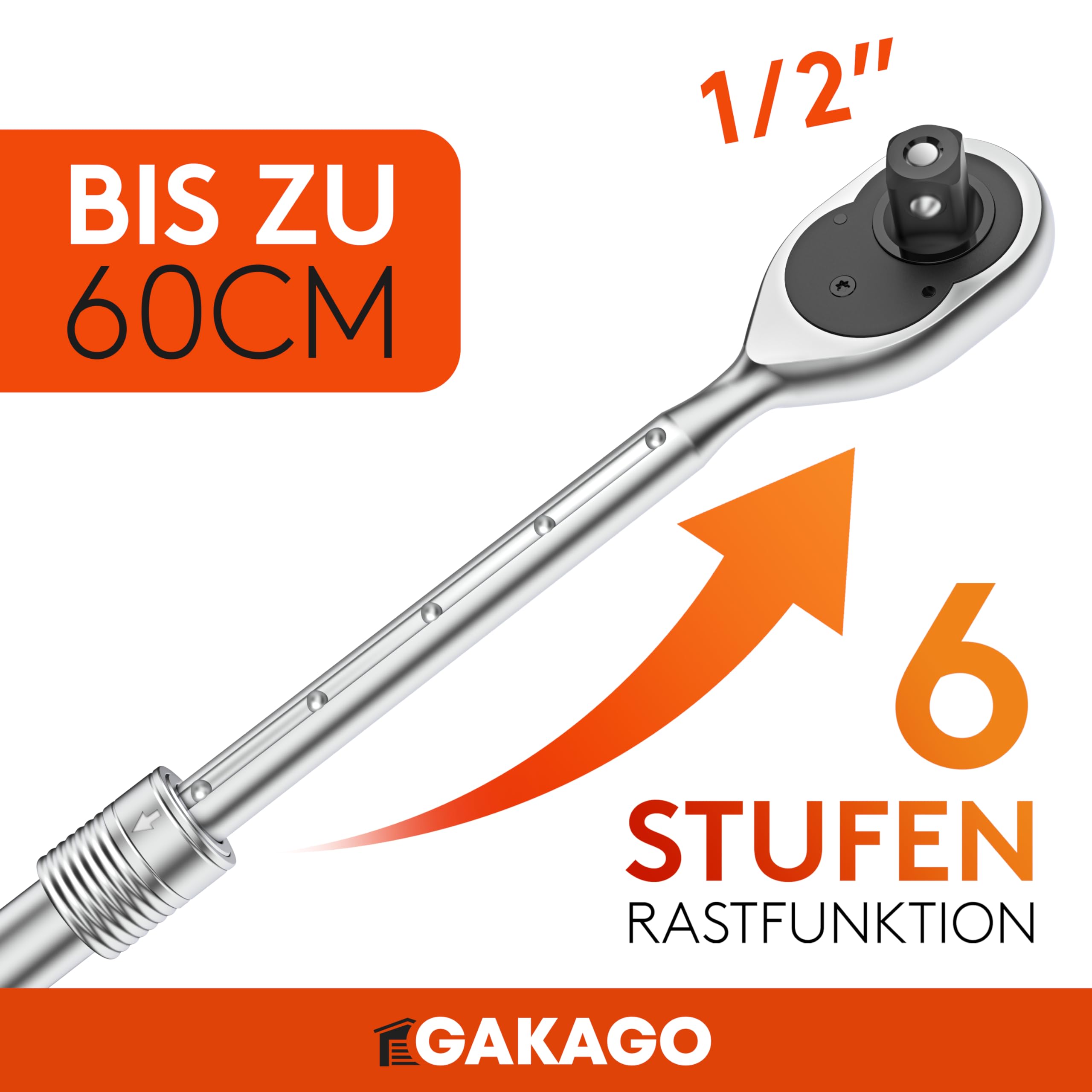Gakago Teleskop-Ratsche 1/2 Zoll bis zu 60cm - Extra lange umschaltbare Knarre mit ergonomischen Griff - Überlegende Kraft mit über 615 Nm und präzisen 72 Feinzahn Getriebe 2