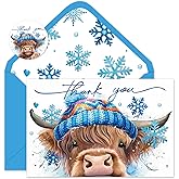 Whaline 24Pcs Winter Highland Cow Thank You Cards Blue Snowflake Brown Cow Note Cards with Envelopes Stickers Watercolor Blank Greeting Card for Winter Christmas, 4 x 6 Inch