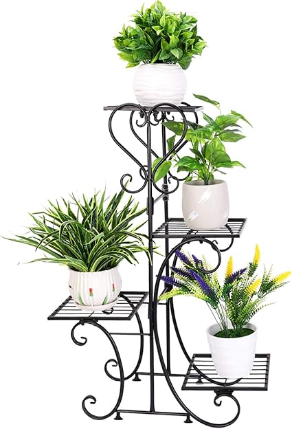 Amazon Com Unho Metal Plant Shelf Flower Display Stand Garden Planter Holder With 4 Tier Shelves Indoor Black Garden Outdoor