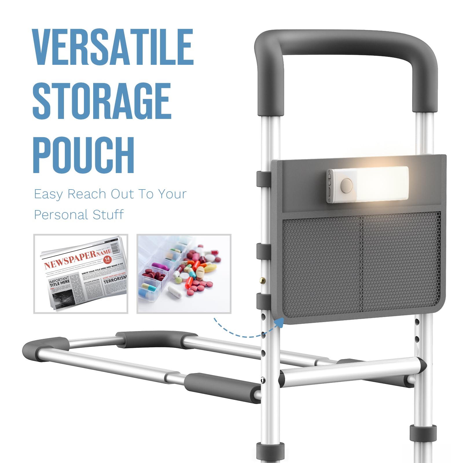 Agrish Bed Rails for Elderly Adults Safety - with Motion Light & Storage Pouch, Bedside Assist Bar with Support Legs for Seniors & Surgery Patients - Medical Bed Rail