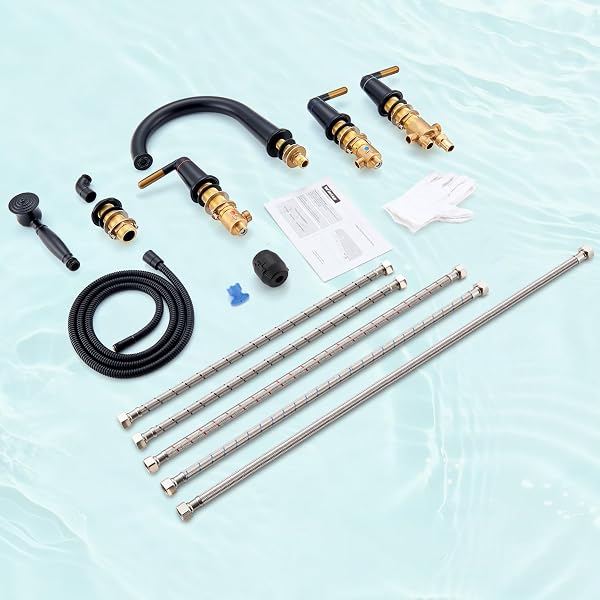 WINTAP BLACK & ROSE GOLD ROMAN BATHTUB FAUCET SET WITH HAND SHOWER & BRASS VALVE 5 HOLE 3 HANDLE WIDESPREAD DECK MOUNT TUB FILLER CLASSIC VINTAGE HIGH ARC GOOSENECK SPOUT TUB FAUCETS