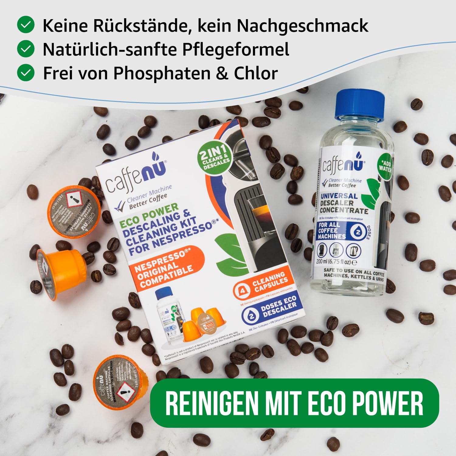 Caffenu Nespresso Original kompatibles Reinigungs-Set | 2x Flüssig Entkalker | 4x Reinigungskapseln | Verhindert Maschinenausfälle | Natürliche Formel | Für perfekten Kaffeegenuss | 4-Monats-Packung 4