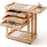 Art Supplies Storage Cart 5-Tier Solid Beech Wood 3 Drawers 4 Rolling Wheel | Artist Cart with Brush Holder &amp; Acrylic Mixing Palette, Heavy Duty for Painting Studio, Classroom &amp; artist taboret