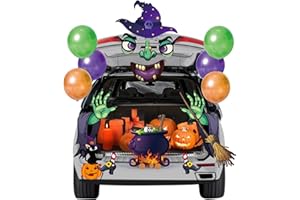 Noiclub Halloween Scary Witch Monster Face Trunk Or Treat Car Decorations Kits for SUV Decorations Outdoor, Broom Cauldron Cat High Heels Hat for Car Garage Door Entryway Archway Decor, 6 Balloons