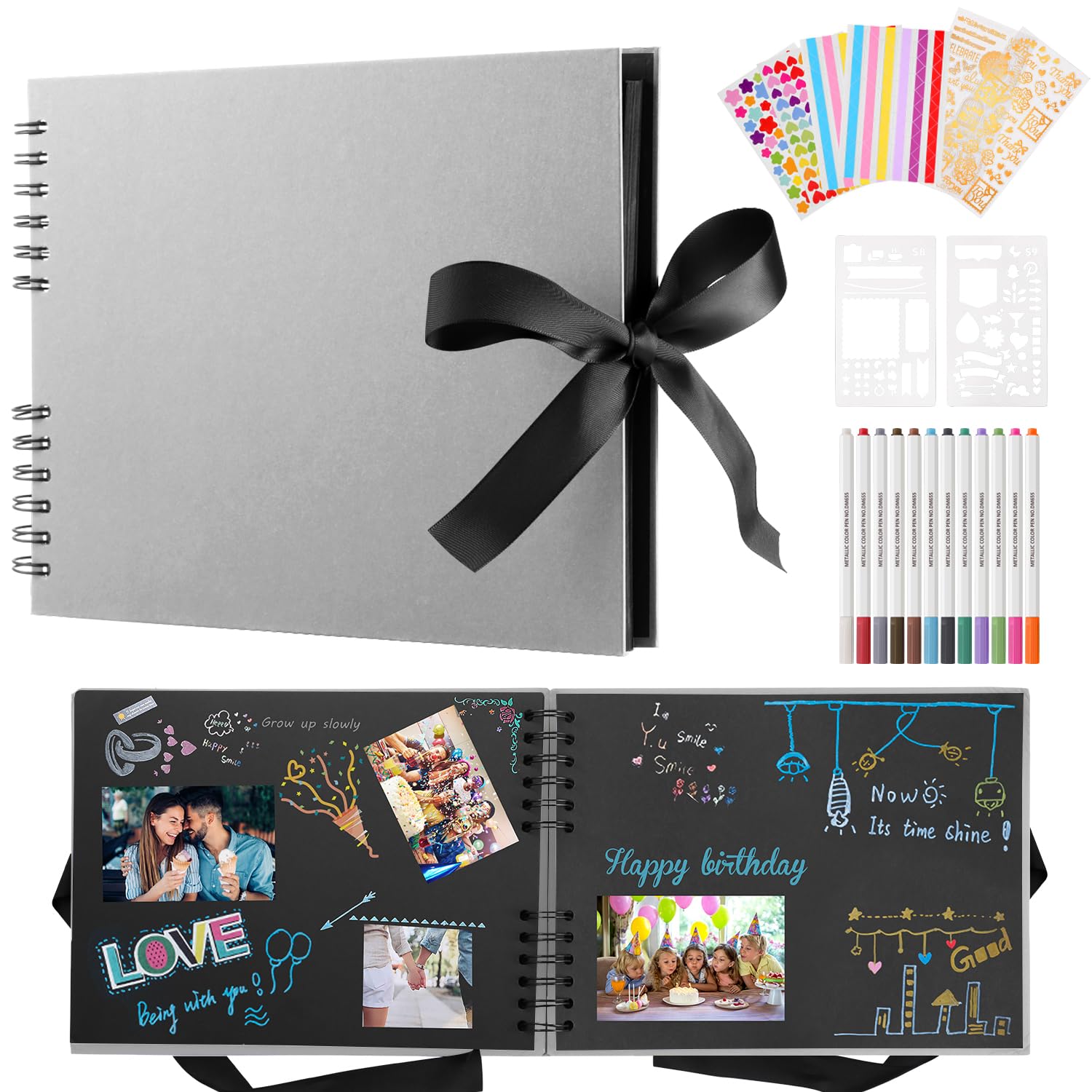 DazSpirit Photo Album Scrapbook - 80 Page DIY Memory Book with 12 Metallic Pens & 8 Photo Stickers, Holds 420 Photos - Scrapbook Kit, Perfect for Writing, Drawing, and Storing Memories(Grey)