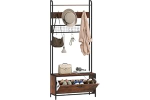 HOMCOM 5-In-1 Hall Tree with Bench, Coat Rack, Industrial Entryway Bench with Shoe Cabinet, 10 Hooks, Coat Hanger Stand for H