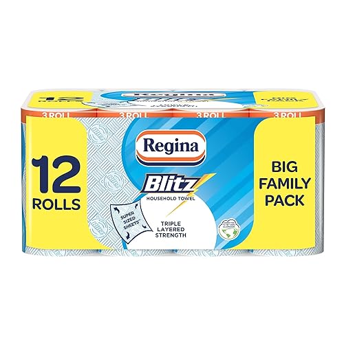 Regina Blitz Household Towels – 12 Triple Layered Rolls, 70 Sheets Per Roll, Recyclable-Paper Packaging, FSC Certified Paper, 60% Larger Than Standard Kitchen Roll Sheets