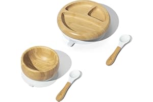 Avanchy Bamboo Baby Plate, Bowl & Spoons Set - BPA Free Baby Cutlery - Bamboo Kids Utensils (White Essentials)
