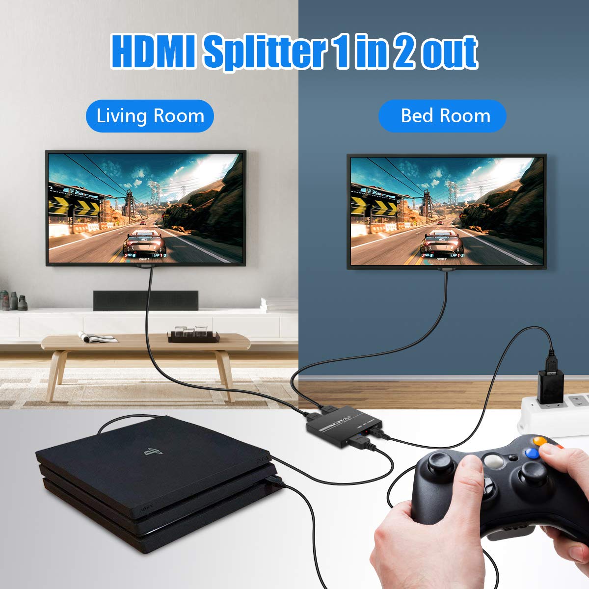HDMI Splitter 1 in 2 Out, 1X2 HDMI Splitter for TV Support Output Display 2 Monitor in Simultaneously + 1.4v HDMI Cable