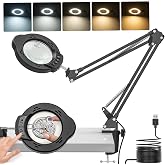 15X 10X Magnifying Glass with Light and Clamp, Magnifying Lamp | 84 LED Glass Lens Magnifier, 5 Color Modes Stepless Dimmable, Adjustable Hands Free Table Lamp for Repair Crafts Hobby Sewing