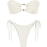 ZAFUL Women's Bandeau Bikini Strapless O Ring Lace Tie Back High Cut Two Piece Swimsuit Bathing Suits