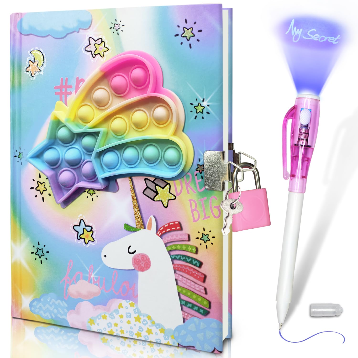 Pop Secret Diary for Girls with Invisible Pen, 7.5x5.4 Inch 160 Pages Unicorn Fidget Girls Diary with Lock & Invisible Ink Double-end Pen Kids Notebook Gifts for Girls Birthday Presents 5-12 Year Old