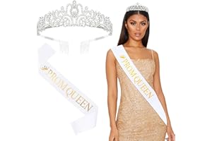 BAHABY Prom Queen Sash and Tiara Set, Silver Crowns for Women & White Sash - Graduation Party School Party Accessories Bachelorette Party Wedding Bridal Shower Halloween Party Favors