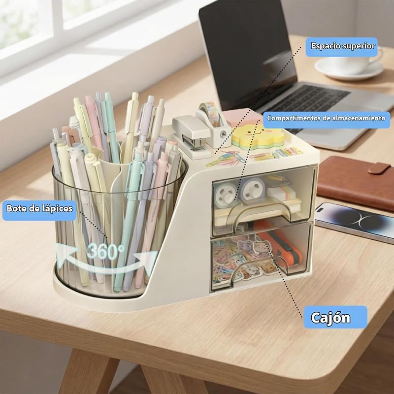 Organizador de Escritorio con Compartimentos y 2 Cajones, Portalápices Giratorio 360° para Oficina, Escuela, Hogar - Organizador Multiusos para Material de Escritura, Cosméticos (Crema)