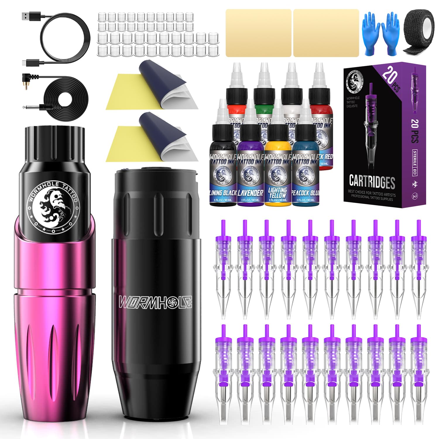 Photo 1 of Wormhole Cordless Tattoo Machine, Completely Tattoo Gun Kit with Tattoo Battery Power Supply 20PCS Cartridge Needles 8PCS Colorful Ink TK127