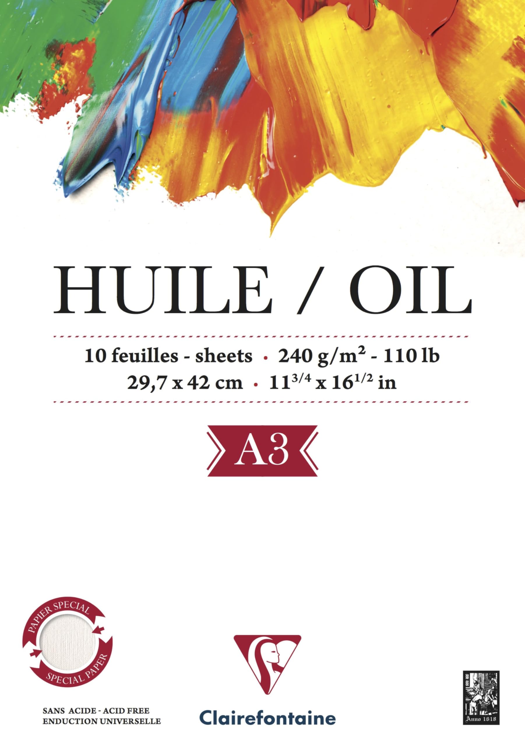 Clairefontaine - Ref 96316C - Oil Paper Pad (10 Sheets) - A3 (420 x 297mm) in Size, 240gsm Paper, Acid Free, pH Neutral - Oil Paint Adheres Well to the Light Textured Paper