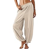 Himosyber Women Cotton Pants Wide Leg Pants Casual Loose Baggy Elastic Waist Beach Palazzo Harem Pants