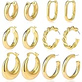 Gold Hoop Earrings for Women 6 Pairs 14K Gold Plated Chunky Gold Earrings Set Lightweight Small Thick Hoops Hypoallergenic Open Twist Huggie Hoop Earrings Fashion Jewelry Gifts