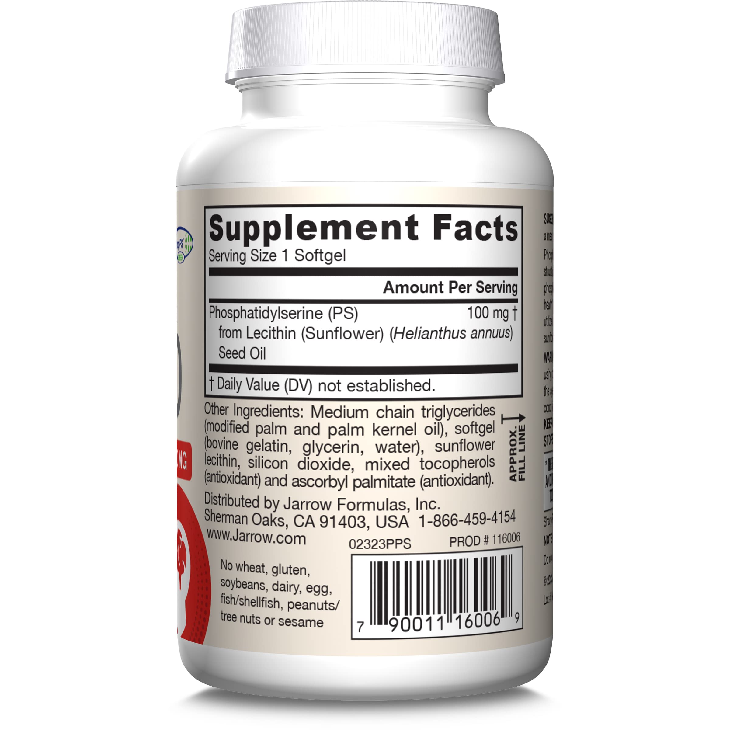 Jarrow Formulas PS100 Phosphatidylserine 100 mg, Dietary Supplement for Brain Health and Cognition Support, 60 Softgels, 20-60 Day Supply