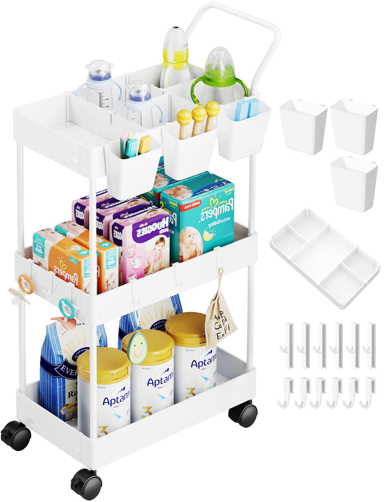 Photo 1 of **ONE SHELF HAS CRACK ON CORNER**Whtie 3 Tier Slim Rolling Cart with Wheels, Three Tiered Storage Cart on Wheels, Utility Art Cart Organizer on Wheels, Storage Carts for Kids, Baby, Diaper, Nursery, Bathroom, Nail, Makeup Supply