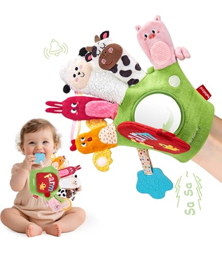 hahaland Jouet Bebe 0 3 6 Mois, Peluche Musicale Sensorielle 3-6 Mois avec Hochet, Miroir et