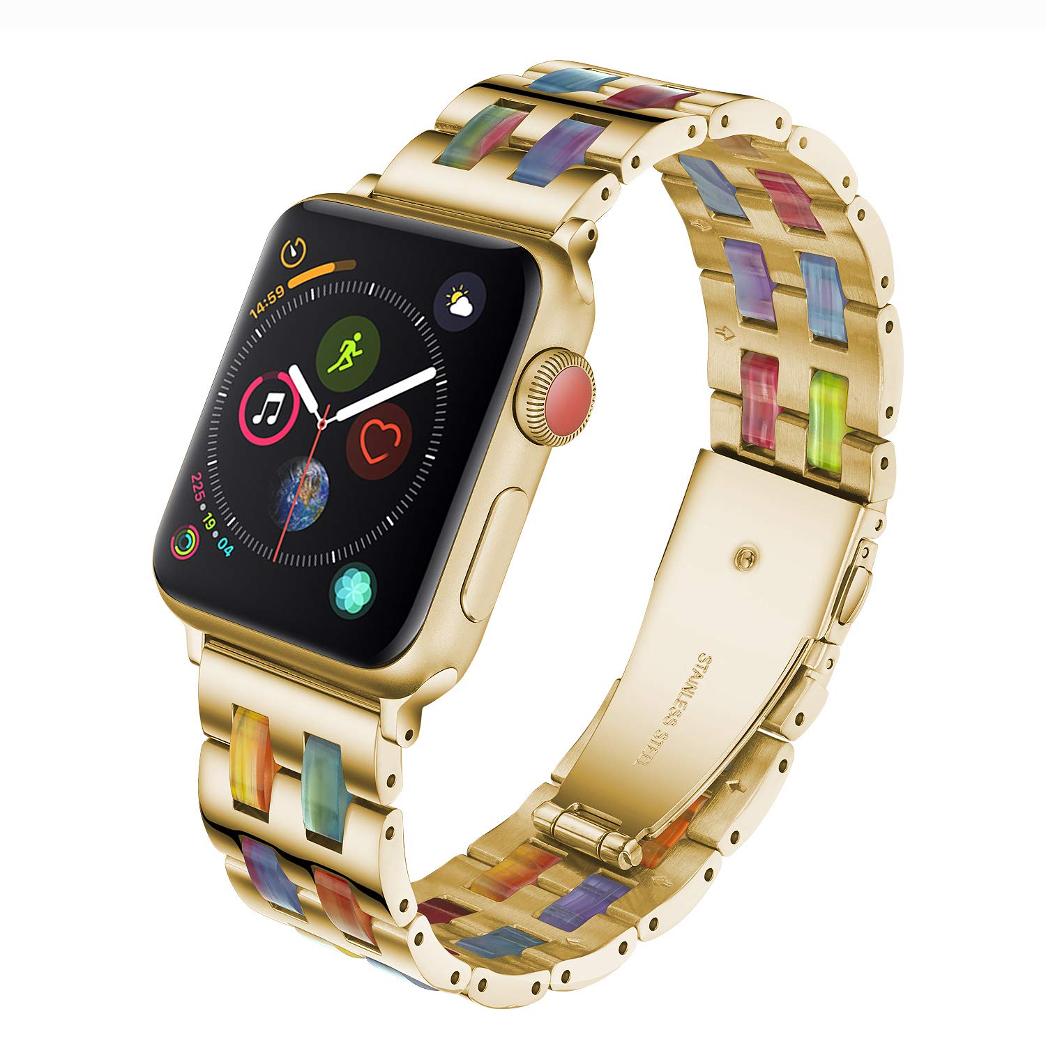 Caunedy Compatible with Apple Watch Strap 38MM/40MM/42MM/44MM,Solid Stainless Steel Metal Wristband Replacement for Series 5/4/3/2/1,Colourful Resin Bracelet Strap (38/40mm, Gold&Rainbow) — image 1