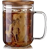 DRASTAR Glass Coffee Mugs, 20 oz Large Iced Coffee Cups, Flat Bottomed Cups with Acacia Wood Lid, Glass Tea Cup with Handle, Clear Tea Cup Set of 1