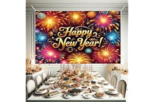 2026 New Year Decorations - Happy New Year Backdrop Banner with Firework Pattern Large Sign Photography Background Wall Decor