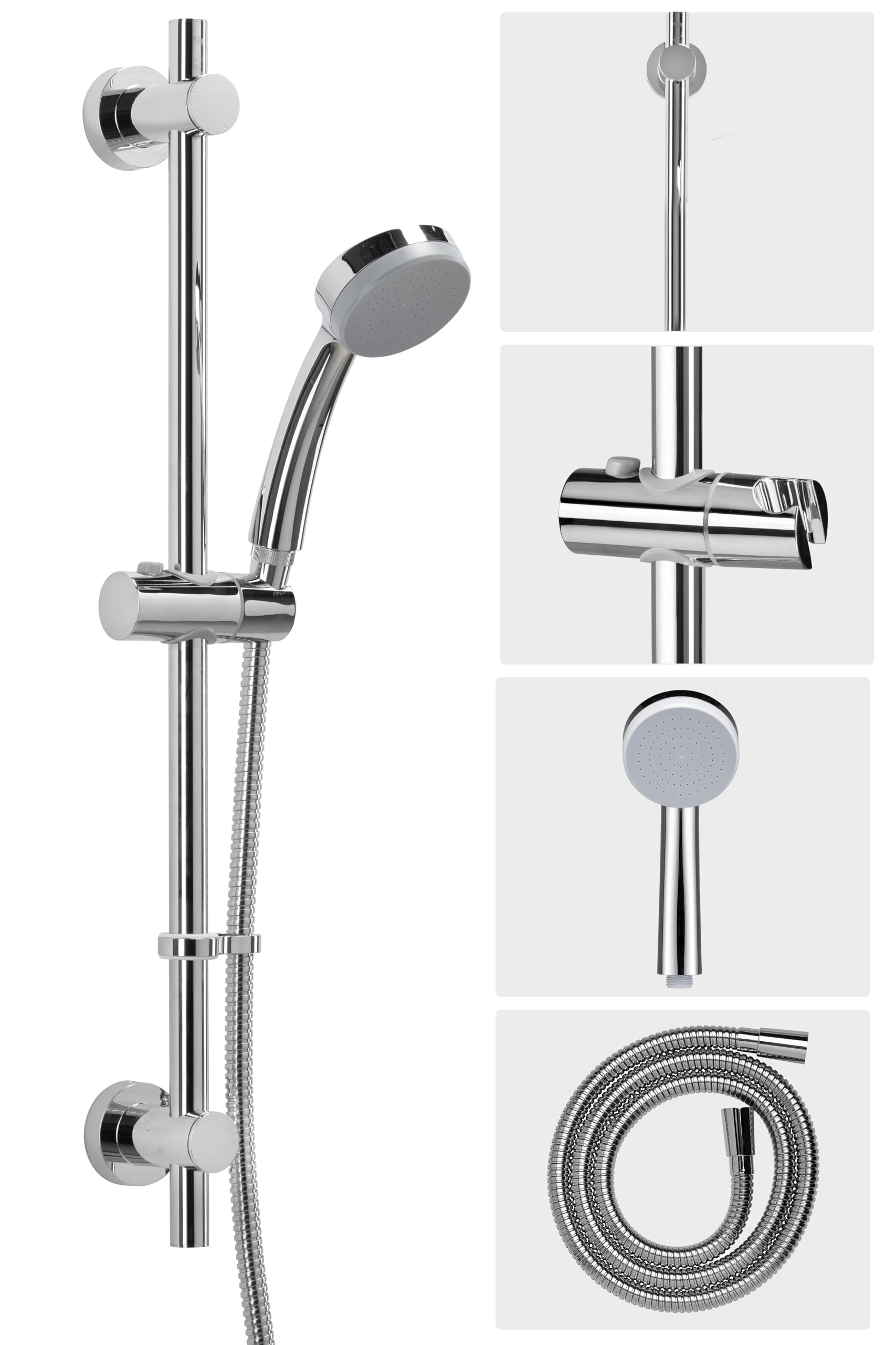Croydex Presion Chrome Shower Riser Rail Kit - 68cm Riser Rail, Pressure Boosting Shower Head, 1.5m Stainless Steel Hose and Adjustable Handset Holder, with Flexi-Fix Wall Brackets (Chrome)