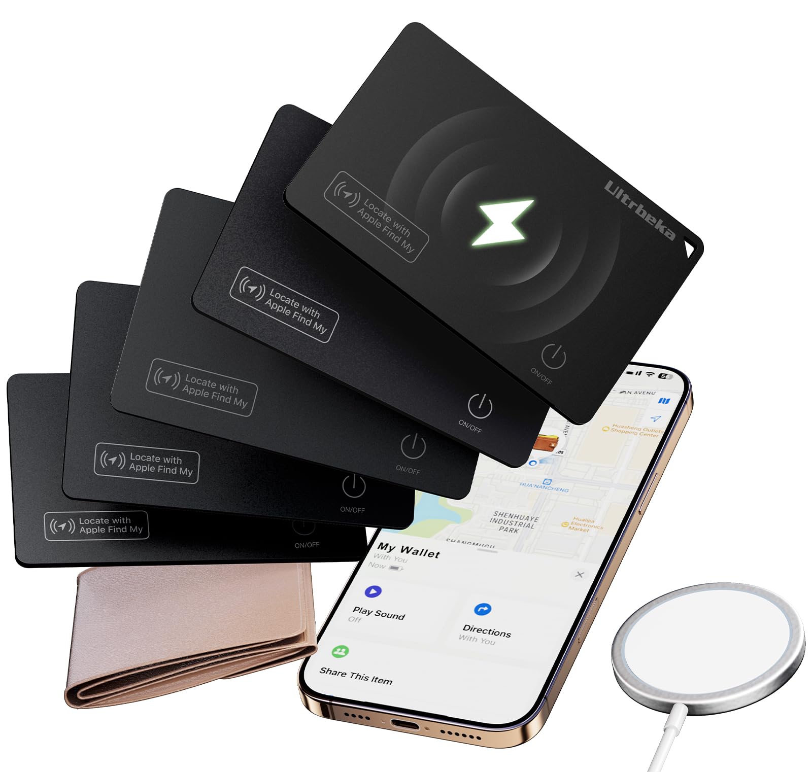 Ultrbeka Wallet Tracker Card IP68 Waterproof Rechargeable Bluetooth Tracker for Wallets, Passport, Work with Apple Find My, iOS Only [Apple MFi Certified]- 5pcs / 1* Wireless Charger