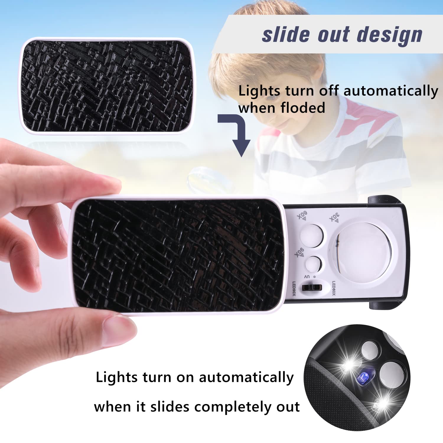 2 Pieces 30X 60X 90X Jewelers Loupe, Slide-Out Lighted Eye Loupe Magnifying Glass with 3 Light for Coins Gems Jewelry Rocks Watches (Black)