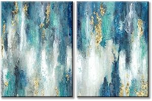 UTOP-ART Blue And Gold Wall Decor Set Abstract Canvas Wall Art Decor Colorful Oil Painting Artwork Picture For Bedroom Living Room Bathroom Decorations Aesthetic(24.00" x 18.00" x 2panels)