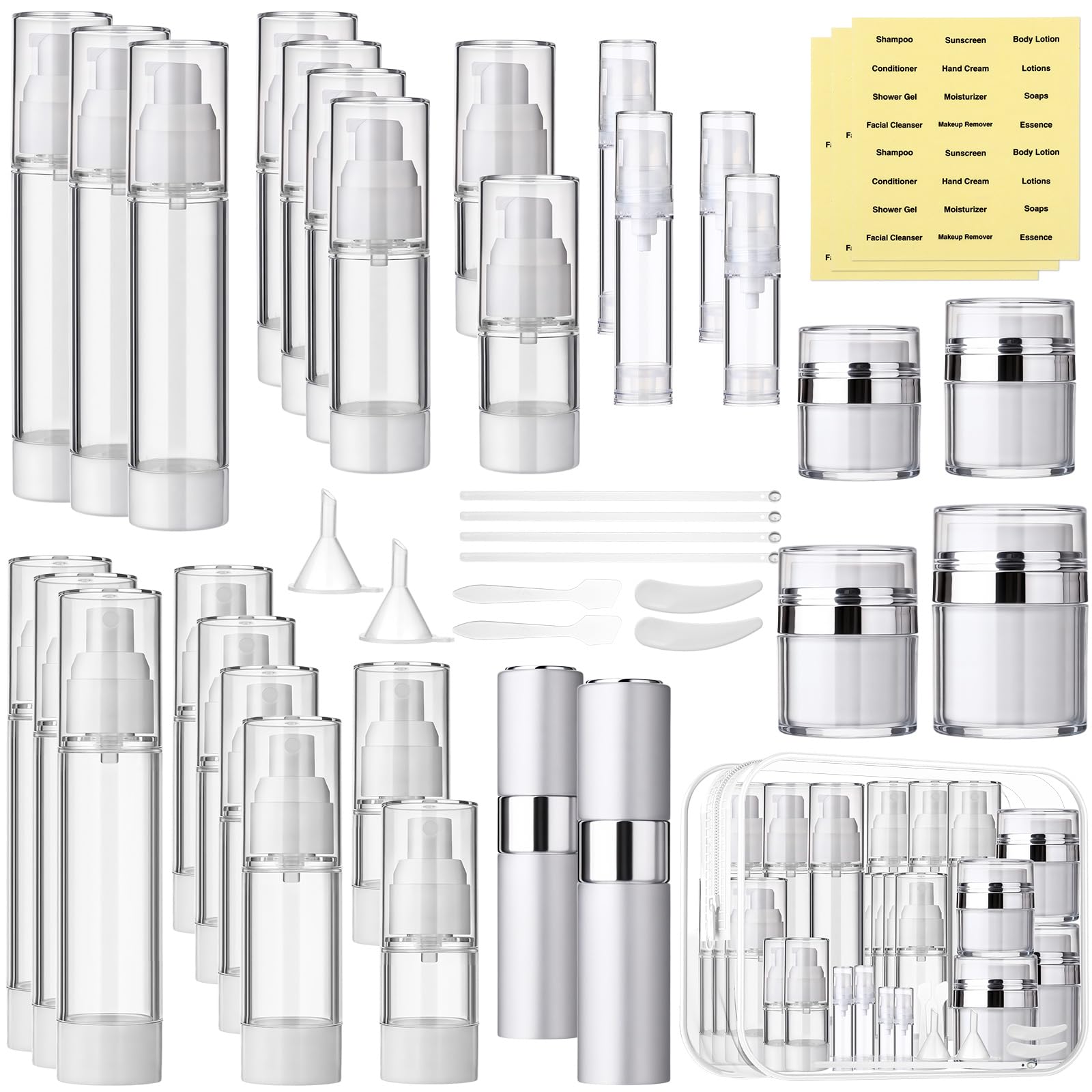 Photo 1 of Meanplan 43 Pack Airless Pump Jars Set 1.7/1/0.7/0.5/0.34/0.17oz Clear Skincare Containers with Label Bag Refillable Makeup Skincare Travel Size Empty Bottles for Toiletries, Lotion, Liquid, Cream