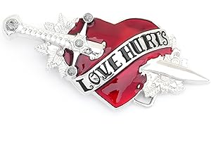 CRAFTMEMORE Love Hurts Belt Buckle, Gothic Red Heart with Sword Design, Fits 1.5 inch Belts