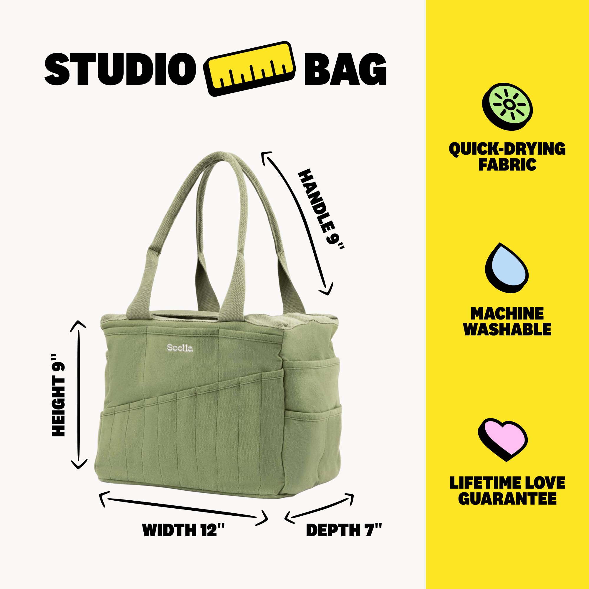Soolla Studio Bag: Pottery Tool Bag, Art Supply Storage, Knitting Yarn Organizer, Crochet Projects, & Washable Craft Tote, 30 Pockets, 25+ Canvas Colors, Student Artist Gift (Ganja Green)
