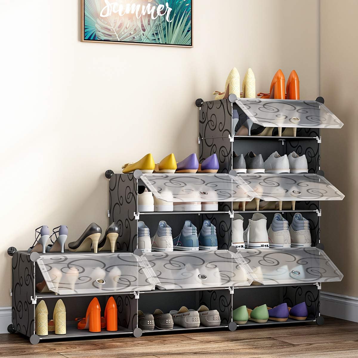 MAGINELS Portable Shoe Rack, DIY Shoe Storage Shelf Organizer, Plastic Shoe Cube Storage Organizer, Shoe Storage Tower Stand with Doors, Shoe Cabinet for Entryway, Black, 12-Cube