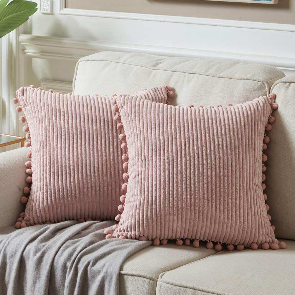 Photo 1 of Fancy Homi Pack of 2 Decorative Throw Pillow Covers 20x20 with Pom-poms, Soft Corduroy Solid Square Cushion Pillow Cases Set for Couch Sofa Bedroom Car Living Room (20x20 Inch/50x50 cm, Blush Pink)