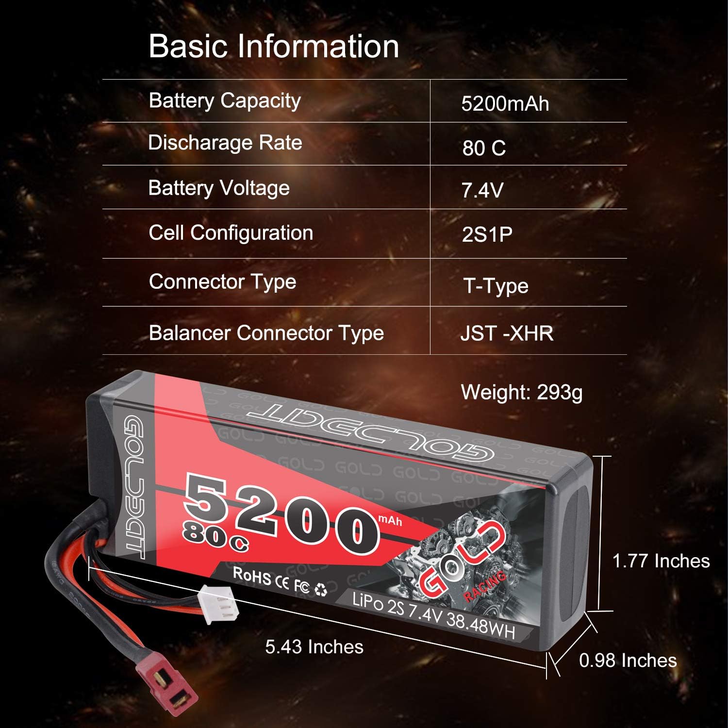 GOLDBAT 5200 mAh 7.4V 80C 2S Lipo Battery Hard case with Dean-Style T Connector for RC Car Truck Slash Slash 4x4, Emaxx - Image 4