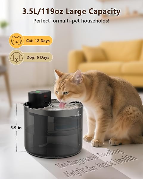 AUPETM BATTERY OPERATED CAT WATER FOUNTAIN, WIRELESS AUTOMATIC WATER DISPENSER FOR CATS & DOGS, 3L/101OZ CORDLESS PET WATER BOWL FOUNTAINS WITH STAINLESS STEEL TRAY & QUIET 6-STAGE FILTER SYSTEM