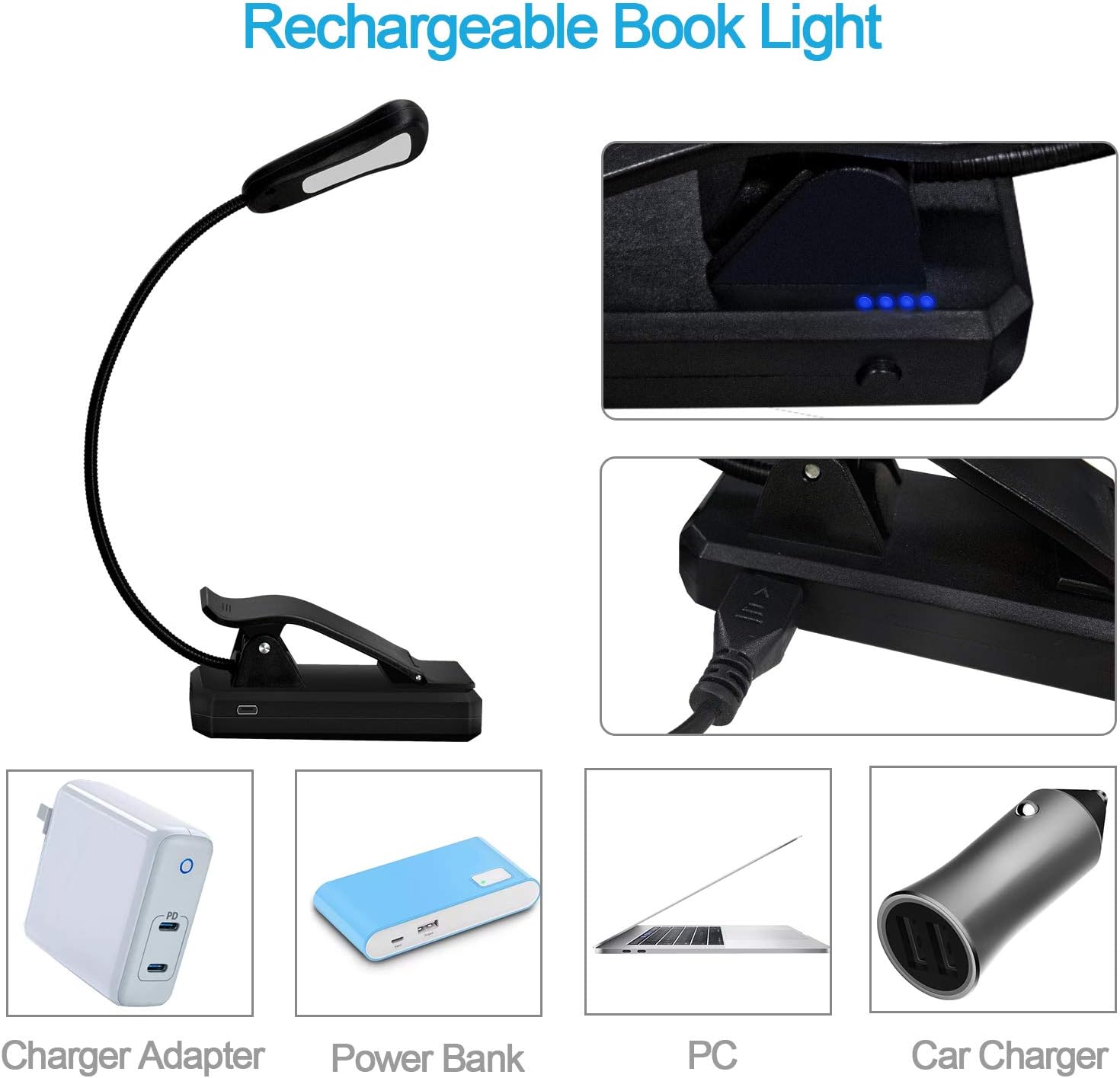 Book Light - Rechargeable Reading Lights for Books in Bed with 3 Colors and 9 Brightness, LED Book Reading Light with Clip for Kids, USB Reading Light for Bed, Sofa, Music Stand, Office, Travel - - 