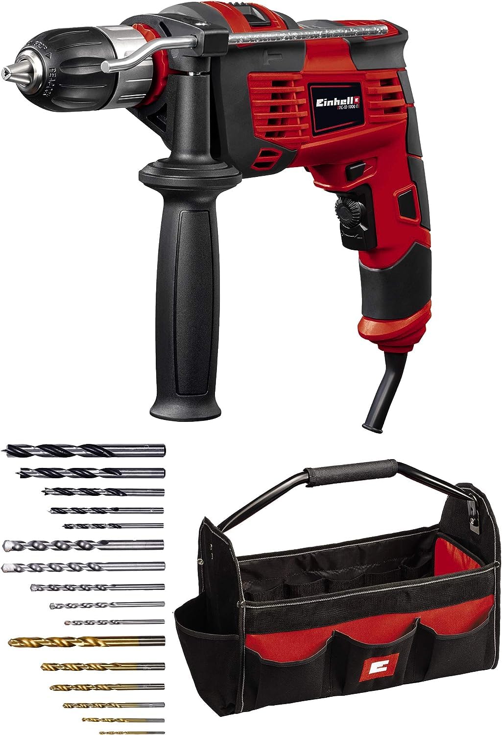 Einhell Hammer Drill Set TC-ID 1000 E Kit (1010 W, Wood Drilling Capacity 32 mm, Metal 13 mm, Concrete 16 mm, 13 mm Keyless Chuck with 16-Piece Drill Set and Bag)