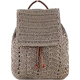 Women Medium Straw Handmade Woven Backpack Flap Drawstring Shoulders Bag Beach Daypack