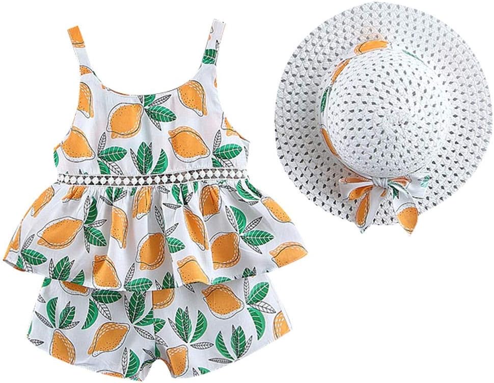 wuayi Baby Girls Clothes, Girls Floral Fruit Print Strap Shirt Dress T-Shirt Tops + Shorts +Hat Outfits 6 Months - 4 Years